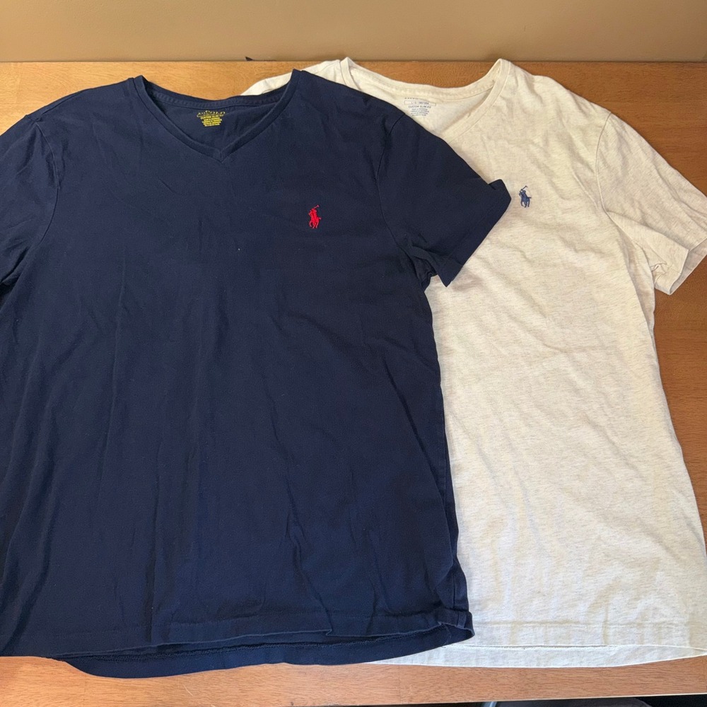 Lot of 2 Polo Ralph Lauren Mens Custom Slim Fit V-Neck T-Shirts Navy Oatmeal L